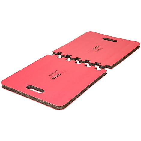 Zusammenklappbare rote Knieschutzmatte, mit schwarzem Schaumstoff-Rahmen und Griffen.